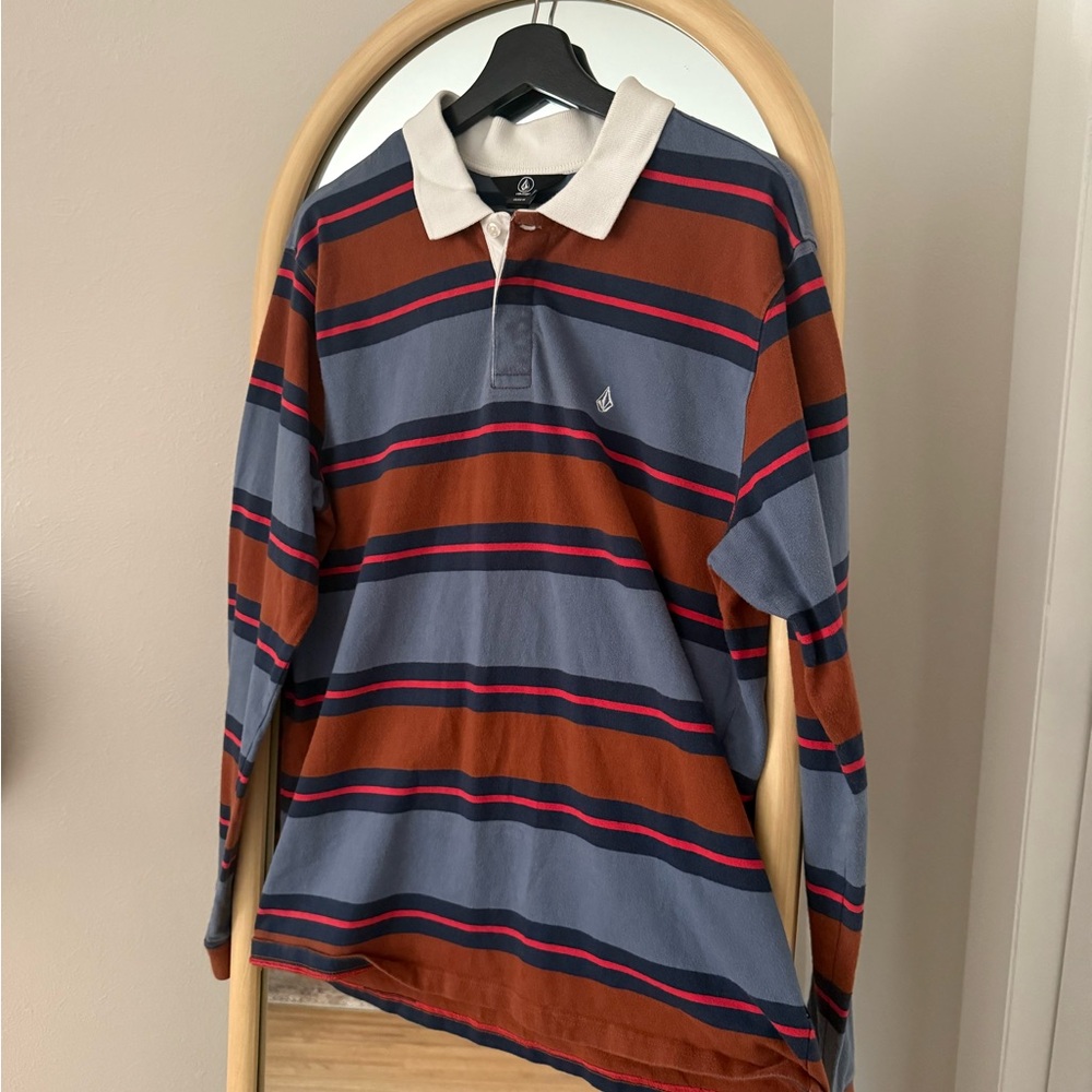 Volcom Men's Striped Polo Shirt - Blue, Brown, and Red